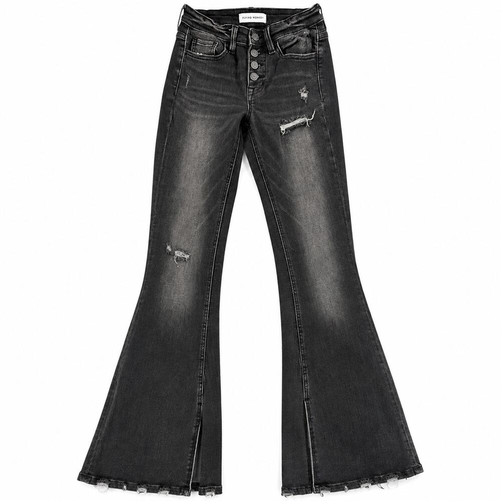 Flying Monkey Black Distressed Super Flare Stretch Comfy Jeans Y2K Western